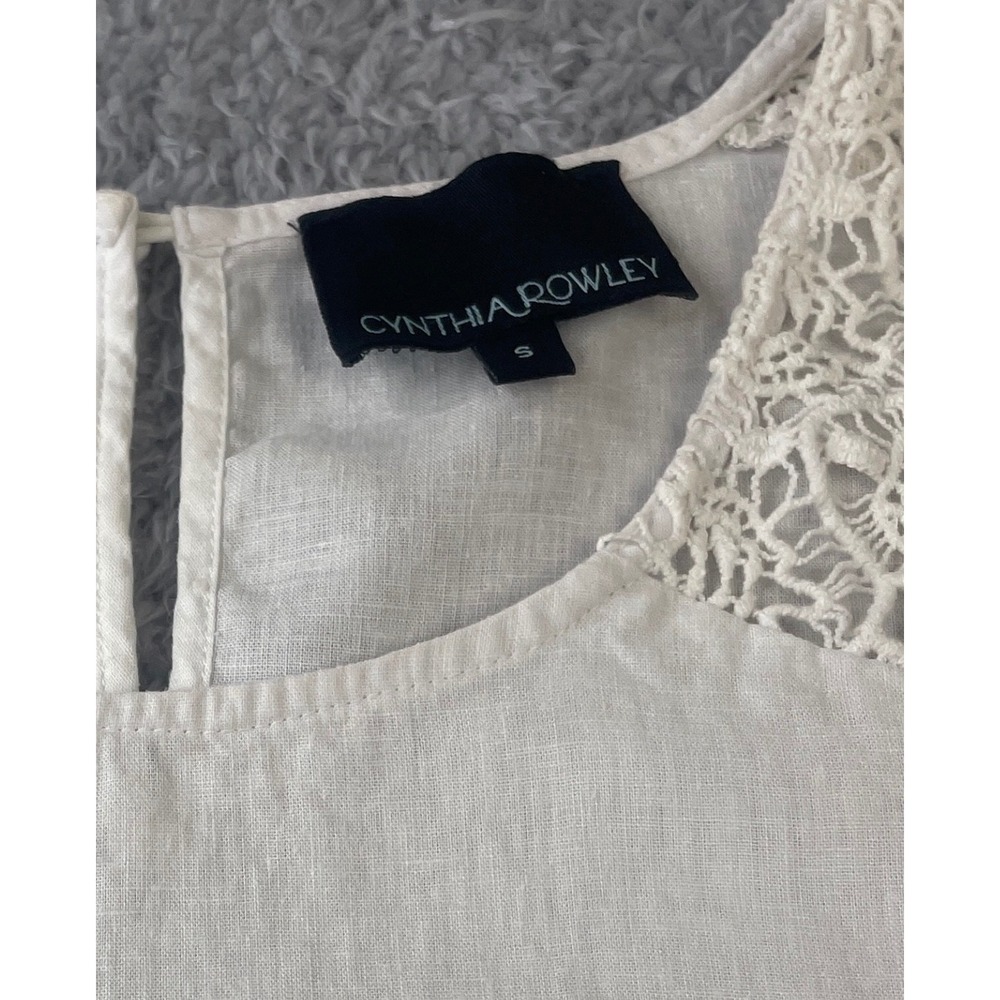 Cynthia Rowley Tank Top Womens l White Linen Blend Crochet Lace‎ Hem Boho Chic - Picture 3 of 9